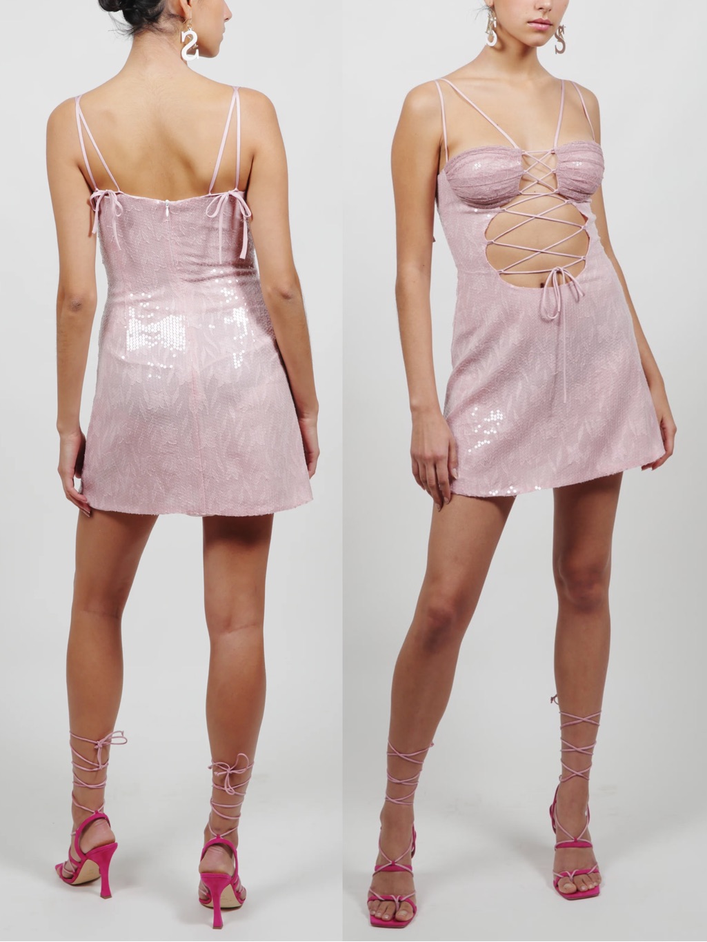 Kim Shui Lace Up Sequin Paillette Mini Dress Pink Cutout Corset Size Medium